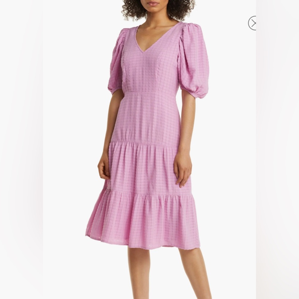 FRENCH CONNECTION BIRCH GINGHAM BIRCH TIERED COTTON A LINE MIDI DRESS